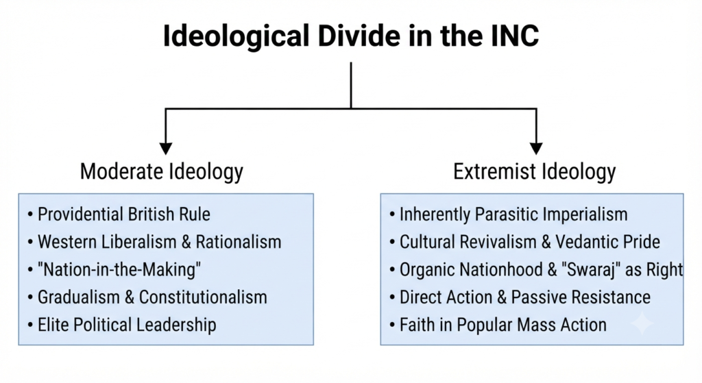 The ideological divergence between the Moderates and  the Extremists